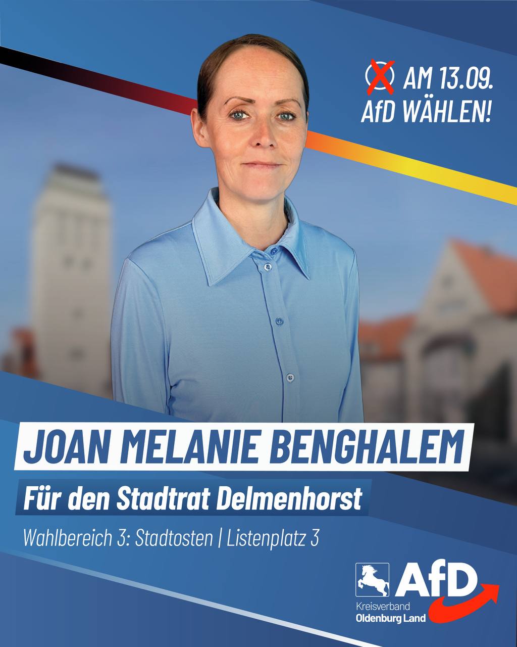 Wahlplakat Joan Melanie Benghalem — Für den Stadtrat Delmenhorst